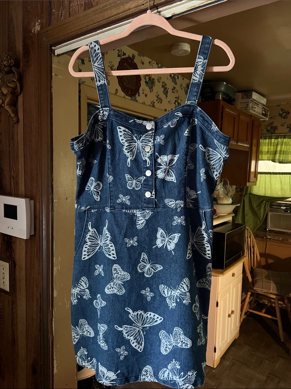 No Boundaries Dark Blue Denim Mini Skirt Dress with White Butterfly Print